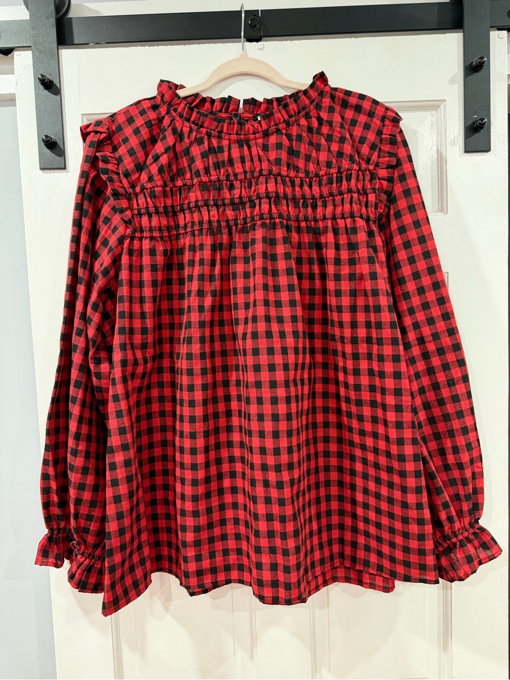 Red and Black Buffalo Check Smocked Long Sleeve Blouse